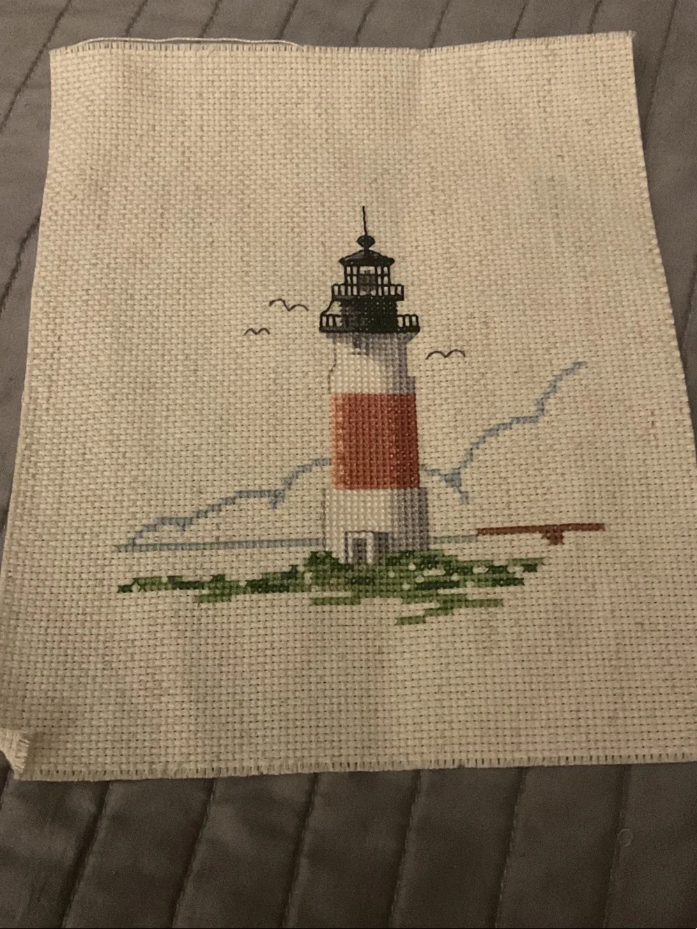 Handcrafted Lighthouse Cross-Stitch Wall Art - Red, White, Green